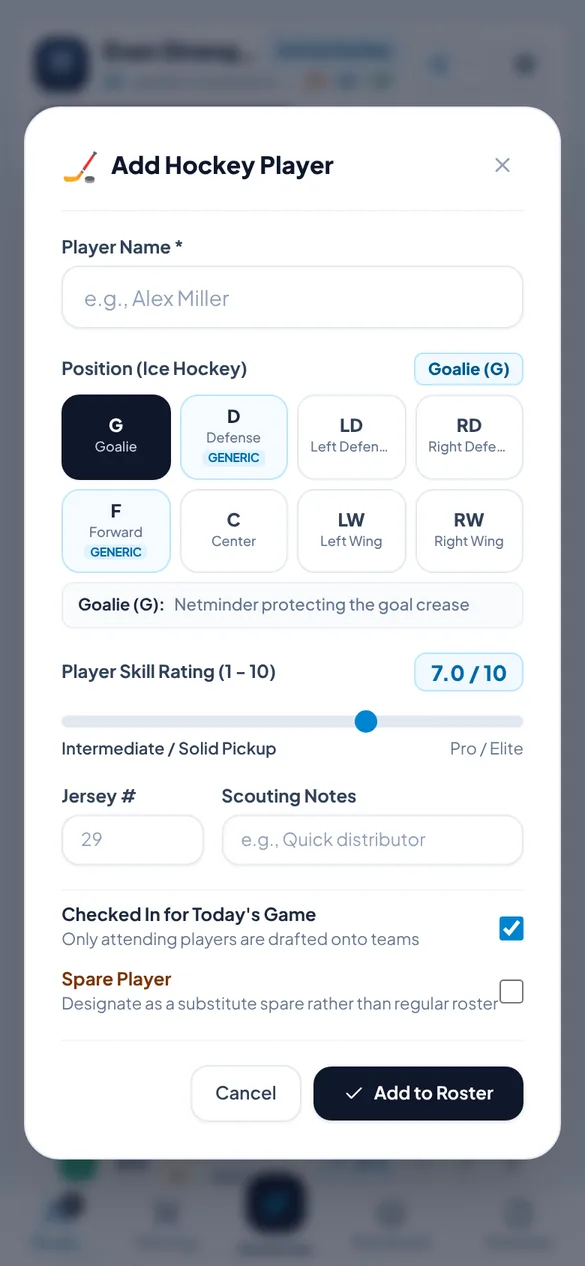 Add Hockey Player form with position grid and skill slider