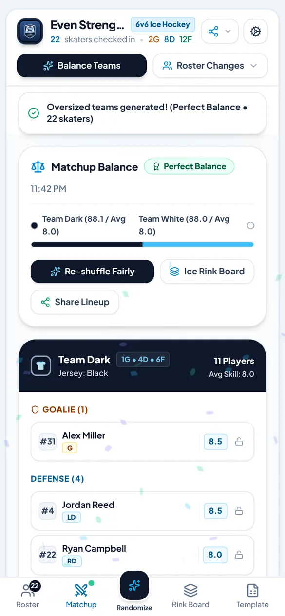 The Matchup screen: Team Dark against Team White, rated Perfect Balance
