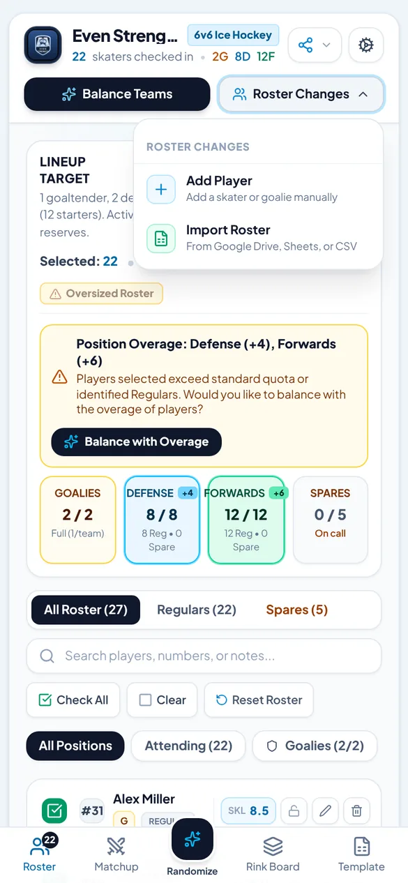 Roster Changes menu with Add Player, Import Roster and Reset Roster