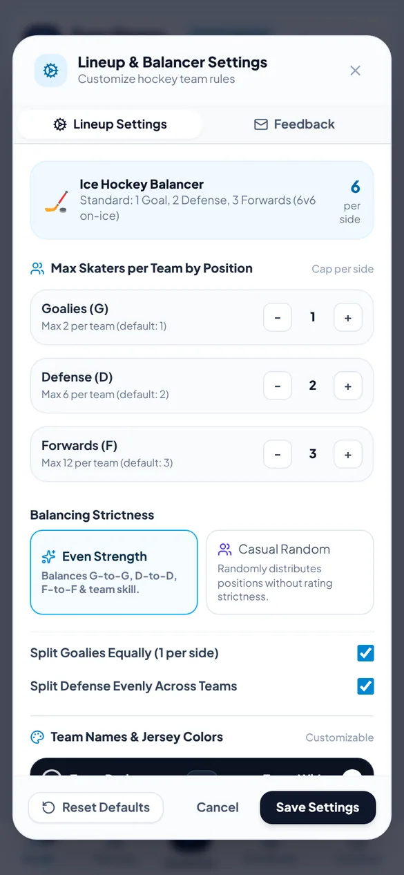 Lineup and balancer settings